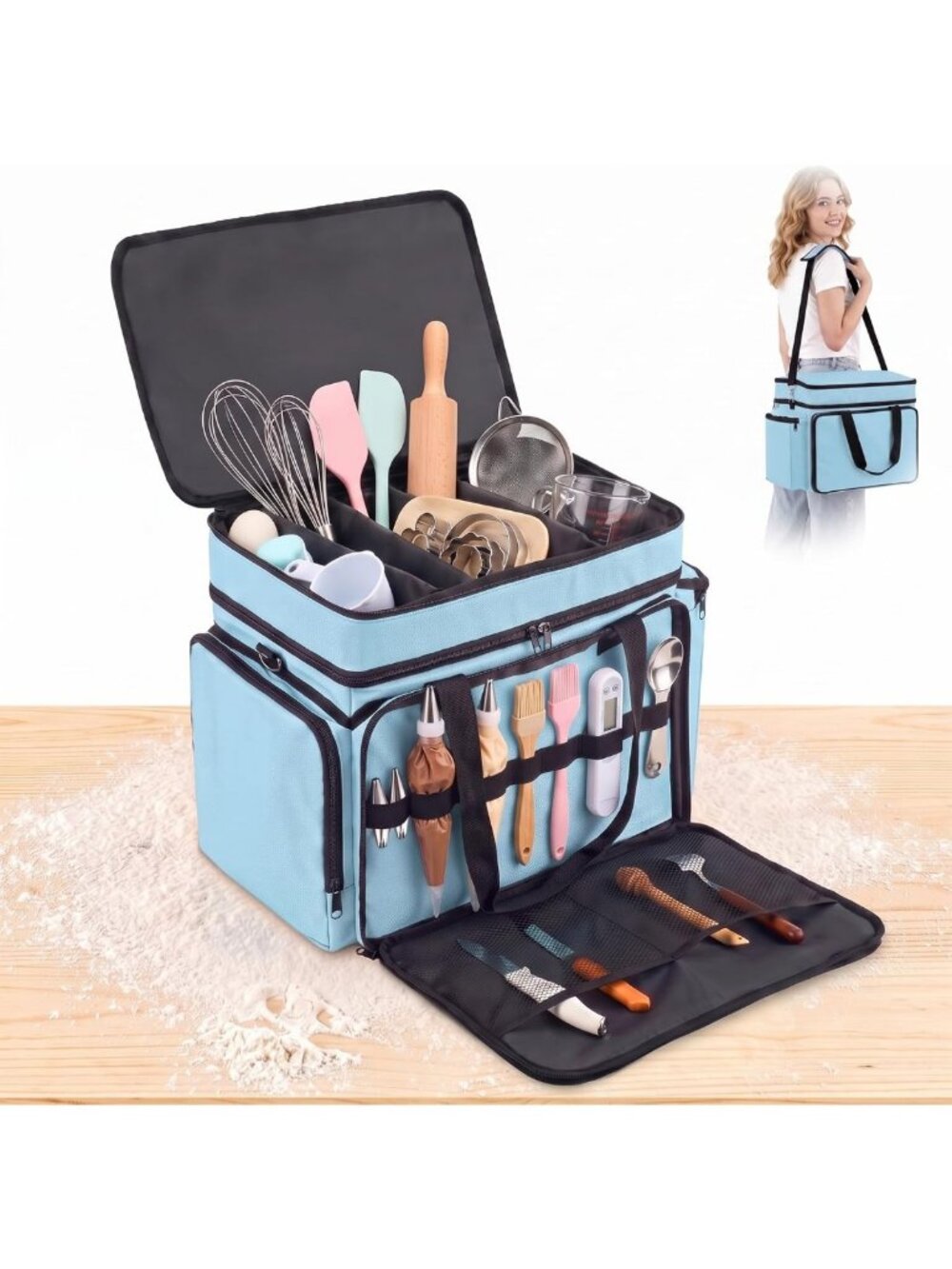 Blue Baking Supplies Storage Bag - 15.4x14.2x11, Chef Organizer for Kitchen
